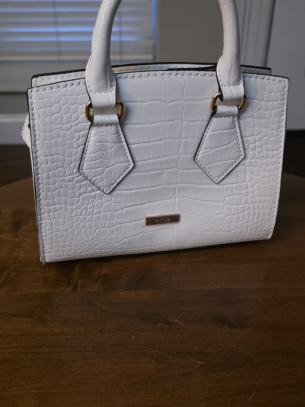 Aldo White Croc-Textured Top-Handle Satchel with Gold Hardware
